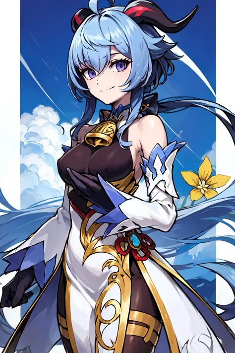 <lora:Sugimori_Ken_Style_v3:0.7>, ((masterpiece,best quality)), absurdres, <lora:Ganyu_Genshin:0.8>, Ganyu_Genshin, 1girl, solo, long hair, blue hair, purple eyes, low ponytail, ahoge, horns, long hair, low ponytail, ahoge, horns, bare shoulders, neck bell, bodystocking, white dress, gold trim, flower knot, detached sleeves, black gloves, pelvic curtain, thighlet, pantyhose, smile, looking at viewer, cowboy shot,