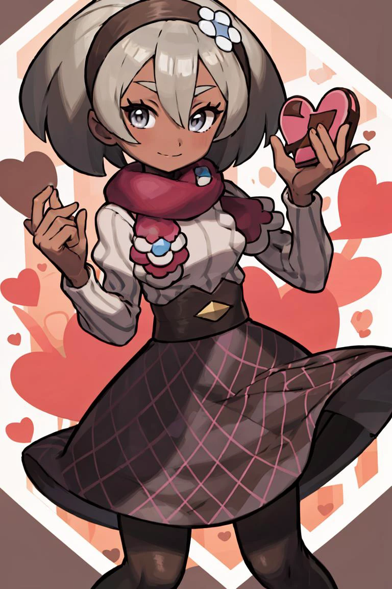 <lora:Sugimori_Ken_Style_v3:0.7>, ((masterpiece,best quality)), absurdres, <lora:Palentines_2022:0.8>, solo, smile, looking at viewer, bea (palentines 2022) (pokemon), bea (pokemon), blonde hair, blush, brown hairband, brown pantyhose, brown skirt, chocolate, chorefuji, closed mouth, creatures (company), dark-skinned female, dark skin, eyelashes, flower, game freak, grey eyes, hair between eyes, hair flower, hair ornament, hairband, hands up, heart, highres, holding, holding food, looking at viewer, nintendo, pantyhose, pokemon, pokemon masters ex, red scarf, scarf, short hair, skirt, smile, sweater, valentine, white flower, white sweater