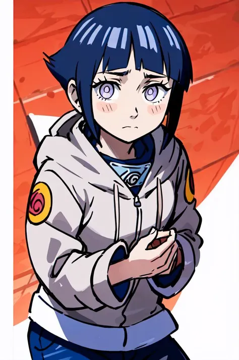 shy, blush, looking down, pov, facing viewer,  <lora:hinata_hyuuga:0.75> hinata_hyuuga, white eyes, no pupils, short hair, blue hair, blunt bangs, sidelocks, hoodie, forehead protector, jacket, blue pants,  <lora:Sugimori_Ken_Style_v3:0.7>, absurdres, ultra detailed, masterpiece, best quality, aesthetic, detailed,