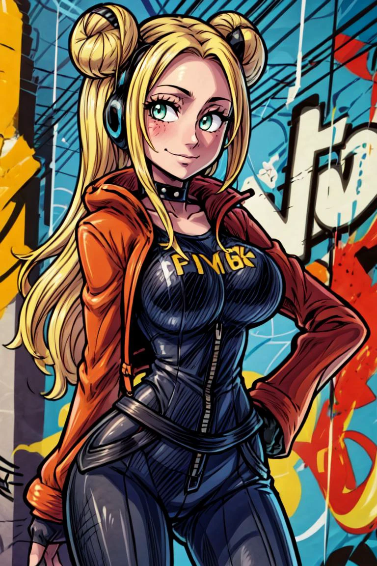 anime style, <lora:Vegapunk_York:0.8> Vegapunk_York, solo, 1girl, long hair, double bun, hair bun, blonde hair, smile, green eyes, headphones, antennae, black gloves, hand on hip, cowboy shot, blurry background,,(looking at viewer, standing:1.1),, huge breast,large breast,<lora:more_details:0.7>, <lora:Sugimori_Ken_Style_v3:0.7> leather jacket, leather pants, strapless bra, black jacket, tight pants, black choker, zipper, fingerless gloves, biker clothes, spikes, unzipped, multiple belts, shiny clothes, high collar, (graffiti:1.2), brick wall,