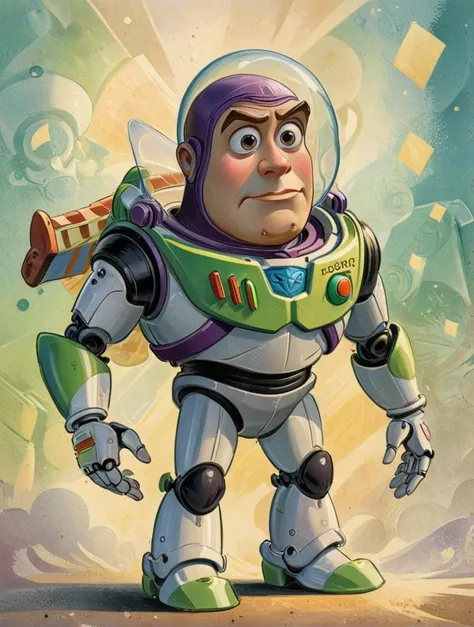 vintage illustration of a light-weight Buzz Lightyear from Toy Story, Foggy, Bokeh, wax, Cubism, symbolism, artistic, vignette, <lora:Wizards_Vintage_Golden_Age_Illustrations:1>, fertile, modified, elegant, handsome, original, background inspired