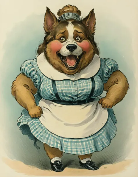 vintage illustration, portrait of a comical very corpulent anthropomorphic laughing (Siberian Husky:1.2) waitress volunteering for a cause, caricature with a huge head and small body<lora:Wizards_Vintage_Golden_Age_Illustrations-000008.safetensors:1.0>