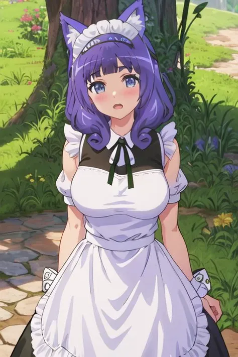best quality, masterpiece, highres, solo, {maid:1.40}, {long maid dress:1.15}, {hitamu_kyan_futokunoguild:1.15}, purple_hair, bangs, animal_ears, blush, animal_ear_fluff, blunt_bangs, hairband, breasts, blue_eyes, open_mouth, long_hair, cat_ears