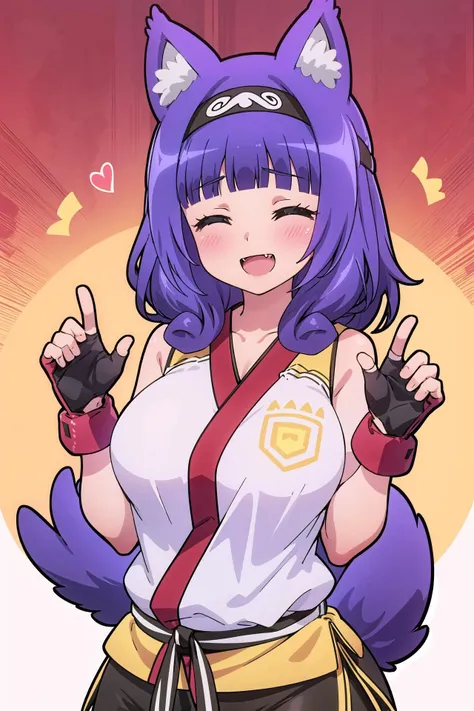 masterpiece, best quality,
<lora:hitamu_kyan_futokunoguild:0.8> hitamu_kyan_futokunoguild, hitamu kyan, blue eyes, purple hair, medium hair, curly hair, wavy hair, blunt bangs, blunt ends, sidelocks, headband, black headband, hairband, curvy, fang, animal ears, dog girl, dog ears, animal ear fluff, large breasts,
japanese clothes, dougi, two-tone shirt, white shirt, yellow shirt, red trim, sleeveless shirt, sleeveless, bare shoulders, obi, shorts, black shorts, short shorts, gloves, fingerless gloves, red gloves,
heart background, upper body, reaching,
looking at viewer,
blush, smile, ^o^, closed eyes,