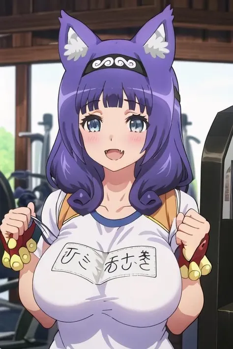 best quality, masterpiece, highres, solo, {hitamu_kyan_futokunoguild:1.15}, purple_hair, bangs, animal_ears, blush, animal_ear_fluff, blunt_bangs, hairband, breasts, blue_eyes, open_mouth, long_hair, cat_ears, 1girl, :d, closed_eyes, gym_shirt, gym_uniform, large_breasts, name_tag, shirt, short_sleeves, smile, white_shirt, upper_body, ^_^, cat_girl, fang, skin_fang