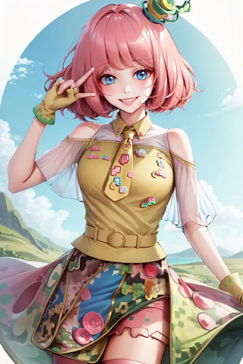 (masterpiece, best quality:1.2), <lyco:kamenrider_pipopapo-08:1.0>, cowboy shot, solo, 1girl, poppy pipopapo, smile, looking at viewer, hat, blue eyes, shoulder cutout, short necktie, skirt, thighhighs, yellow fingerless gloves, bare shoulders