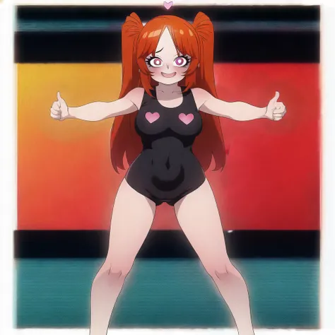 a masterpiece cartoon of a girl posing, masterpiece, best quality, studio quality, full body, red hair, heart pupils, one piece, V