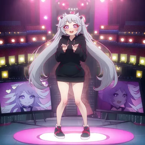 manyakis art style, a masterpiece cartoon of a girl posing, masterpiece, best quality, studio quality, full body, silver hair, heart pupils, hoodie,