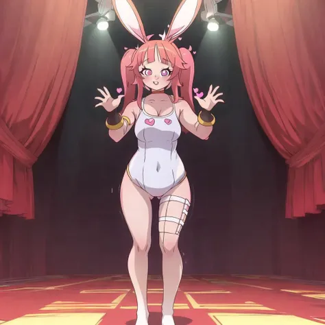 a masterpiece cartoon of a rabbit girl posing, masterpiece, best quality, studio quality, full body, pink hair, heart pupils, one piece