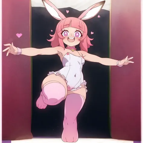 a masterpiece cartoon of a rabbit girl posing, masterpiece, best quality, studio quality, full body, pink hair, heart pupils, one piece