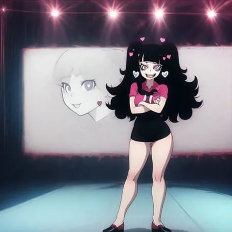 a masterpiece cartoon of a girl posing, masterpiece, best quality, studio quality, full body, black hair, heart pupils, one piece