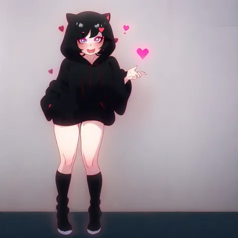 manyakis art style, a masterpiece cartoon of a girl posing, masterpiece, best quality, studio quality, full body, black hair, heart pupils, hoodie,