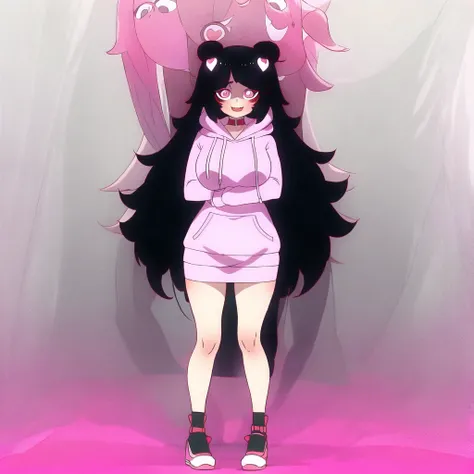 manyakis art style, a masterpiece cartoon of a girl posing, masterpiece, best quality, studio quality, full body, black hair, heart pupils, hoodie,