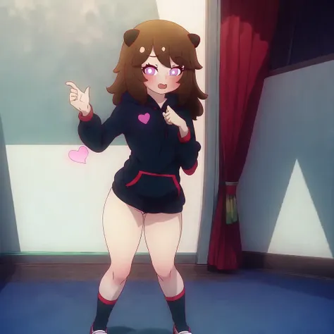 manyakis art style, a masterpiece cartoon of a girl posing, masterpiece, best quality, studio quality, full body, brown hair, heart pupils, hoodie,