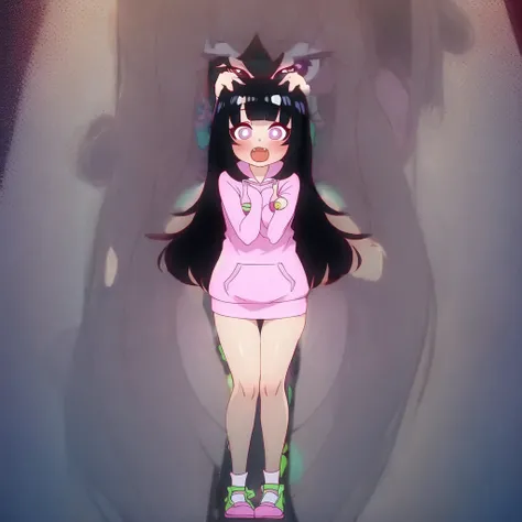 manyakis art style, a masterpiece cartoon of a girl posing, masterpiece, best quality, studio quality, full body, black hair, heart pupils, hoodie,