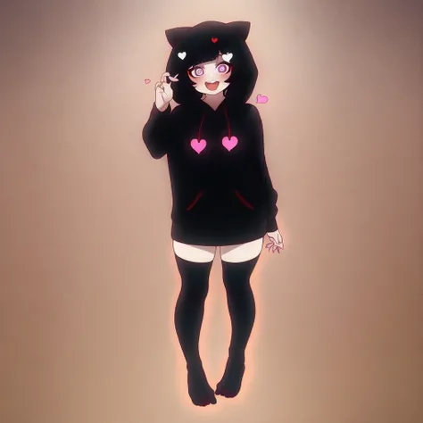 manyakis art style, a masterpiece cartoon of a girl posing, masterpiece, best quality, studio quality, full body, black hair, heart pupils, hoodie,