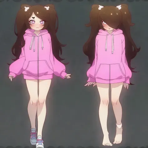 manyakis art style, a masterpiece cartoon of a girl posing, masterpiece, best quality, studio quality, full body, brown hair, heart pupils, hoodie,