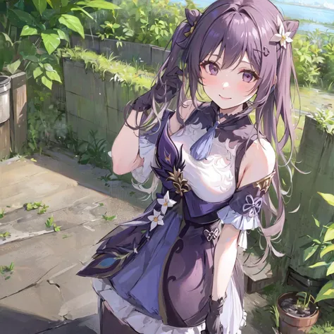 ((masterpiece, best quality)),close-up, facing viewer,straight on, face focus,((1 girl)), {long hair}, (medium breasts:1.4),(photo realistic:0.8), standing, hair ornamen, gloves, (smile:1.2), (detailed light),lighting, colorful, layered backgrounds, (gorgeous background), dynamic angle, (shine),keqing \(genshin impact\),twintail, purple hair,(purple eyes:1.2),(outdoor), physically-based rendering, RAW photo, highly detailed background, (photo realistic:0.8), high res, (black bodystocking),(potted plant:1.2),geyser, park, flower field,<lora:keqingGenshinImpact_10:0.75> <lora:chilloutmixss_xss10:0.7>