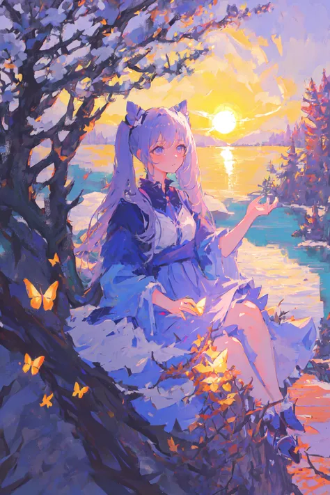((1girl,solo)),masterpiece, best quality, portrai,tultra-detail, illustration, close-up,straight shot,((focus on face)),looking into the distance,forest,sun,wind,butterfly,studio lighting,yokozuwari,tree,lake,sitting,twintail, purple hair <lora:keqing:0.7>