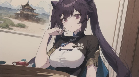 <lora:keqingGenshinImpact_10:0.1>, ((masterpiece, ultra-detailed, intricate details, best quality, illustration)),1girl, solo, looking at viewer, feminine, beautiful, 4k, white skin, long hair, purple hair, purple eyes, dress, black stockings, ancient urban china, bust, cool, keqing \(genshin impact\), twin tail, sit on chair, <lora:ligneClaireAnimeStyle_v1:0.75>,