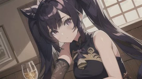 <lora:keqingGenshinImpact_10:0.1>, ((masterpiece, ultra-detailed, intricate details, best quality, illustration)),1girl, solo, looking at viewer, feminine, beautiful, 4k, white skin, long hair, purple hair, purple eyes, dress, black stockings, ancient urban china, bust, cool, keqing \(genshin impact\), twin tail, sit on chair, <lora:ligneClaireAnimeStyle_v1:0.75>,