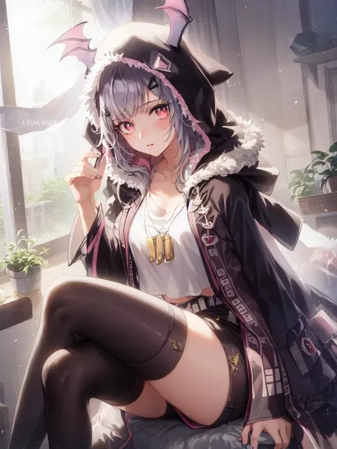 1girl,manticore,black thighhighs,sitting,crossed legs, chair,((hood up))