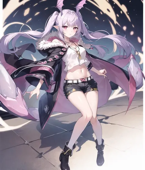 masterpiece, best quality, solo, 1girl, full body, 
OriginalOutfit, shorts, navel, white shirt, midriff,   fur trim, necklace,  coat, long sleeves, 
twin_tail, 
<lora:ArknightsManticoreNREG128:0.7>