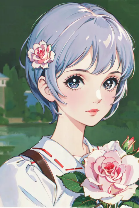 (best quality, masterpiece, RAW photo,ultra-detailed:1.2),  <lyco:GoodHands-beta2:1.0>1girl, pov, looking at viewer,
 ayanami<lyco:Ayanami:0.5> cowboy shot <lyco:80shoujo:0.5> facial close-up, flower background, rose, lily,