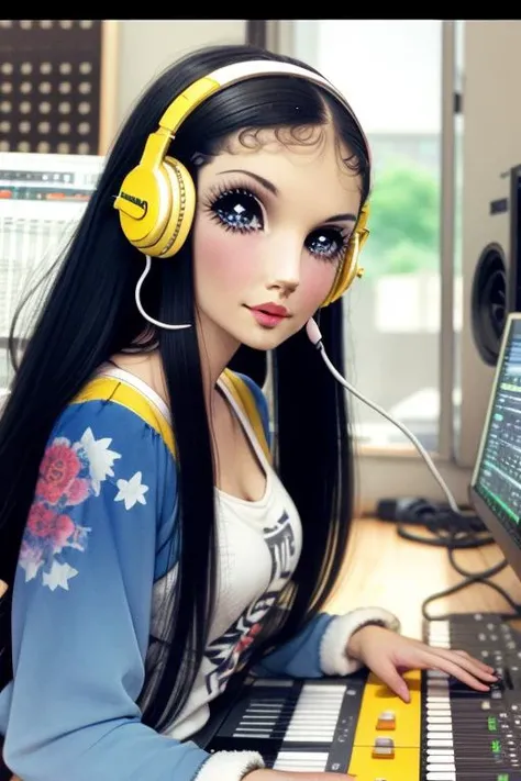 <lora:envybetterhandsLocon_alpha3:1>,<lora:80shoujo:.9>, a female synth godess with her headphones on, studio