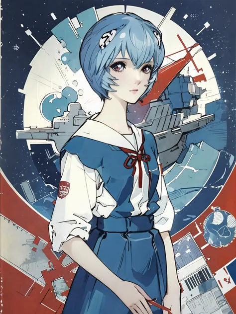 masterpiece, best quality, detailed, 1girl, ayanami rei, school uniform, science fiction, <lora:80shoujo:0.7>, <lora:AyanamiReiV6:0.8>