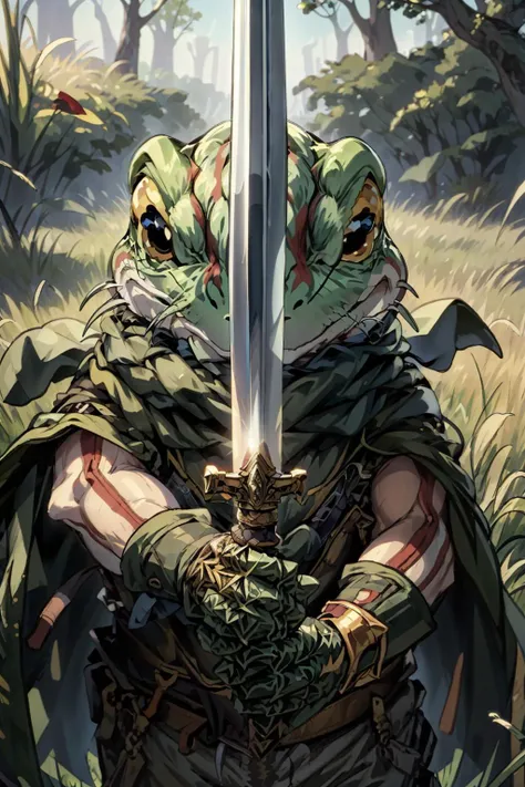 (best quality), (masterpiece),(ultra-detailed:1.2),looking at viewer, close-up,
1boy,
<lora:swordup-pose-richy-v1:1.1> ,swordup,
<lora:Frog_CT:0.9> ,Frog_CT, frog,gold breastplate,green cape,glove,
grass field,rocky,
<lora:flat2:-0.5> ,
<lora:denoise_02_oa:2>,