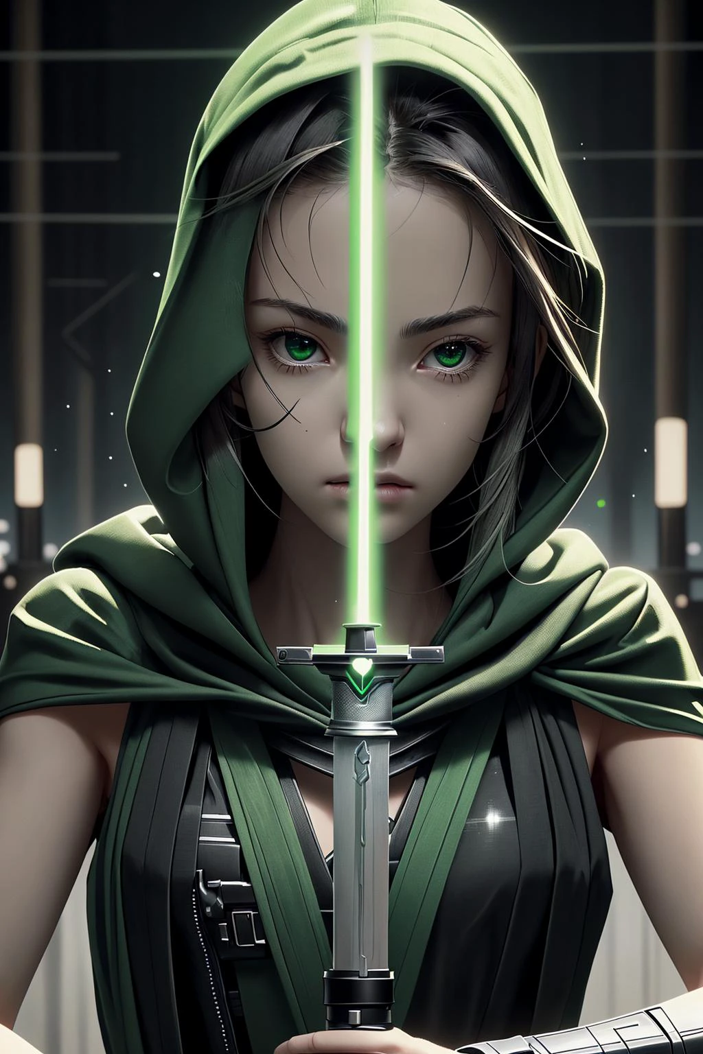 1girl, <lora:swordup-pose-richy-v1:0.5> long green lightsaber swordup, looking at viewer, close-up,black hood, on a sci-fi battlefield
