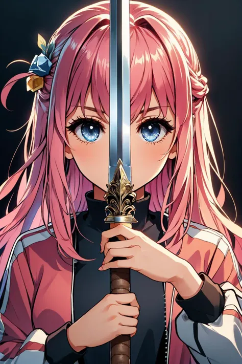 anime girl with pink hair holding a sword in front of her face