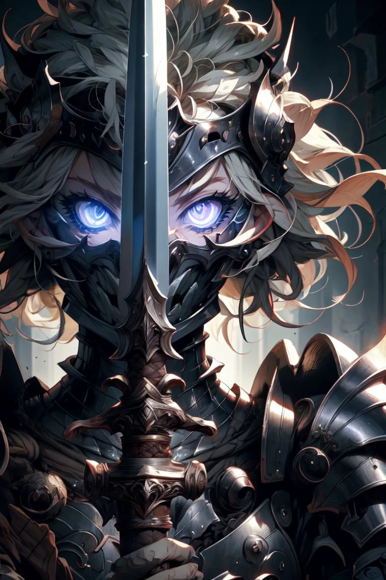 (masterpiece, best quality, ultra detailed), monster, no human, living armor, armor helm, inorganic matter, glowing eyes, hollow eyes, swordup, looking at viewer, close-up, <lora:swordup-pose-richy-v1:1.0>, textile shading, <lora:light_slider_v10:4>, <lora:exposure_control_v10:-0.3>