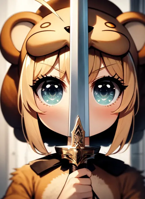 swordup, looking at viewer, close-up, <lora:swordup-pose-richy-v1:1>, chibi, 1girl, solo, saberlio, ahoge, animal costume, lion <lora:saberlio:0.8>