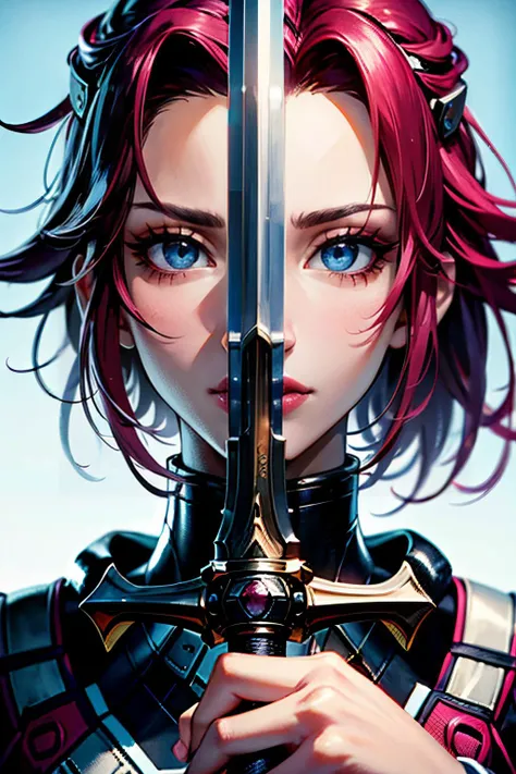 (photorealistic:1.4), masterpiece, detailed, alluring, 1girl, <lora:Code Geass - Kallen @ Kallen:1>, kallen pilot suit, <lora:swordup-pose-richy-v1:1>, swordup, looking at viewer, close-up