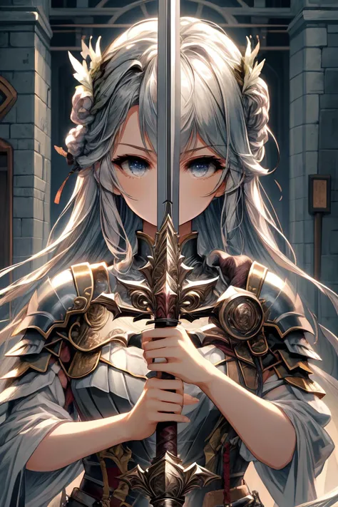 ((masterpiece)), ((best quality)), (prefect anatomy), high-res, complex detailed, absurdres, prefect lighting, incredibly absurdres, extremely beautiful, incredibly detailed hairline, uncreditable quality, upper body, matured, looking up, shiny skin, lustrous skin, wide hips, narrow waist, long hair, blue armor, valkyrie:6.25, helmet, armored dress, braid, feather, winged helmet, shoulder armor, unyielding angry eyes between long swordup, (detailed eyes description), (2m long sword, swordup, looking at viewer, close-up:1.3, both hand together holding the long swordup, focus long sword above head):2, outdoors, shrine wonderland, octane rendering, huge file size, colorful contrast, hold tightly.
<lora:swordup-pose-richy-v1:1.25> <lora:LennethValkyrie-08:0.35> <lora:spotlight:0.5> <lora:more_details:0.5> <lora:SDXL Detail:0.5>