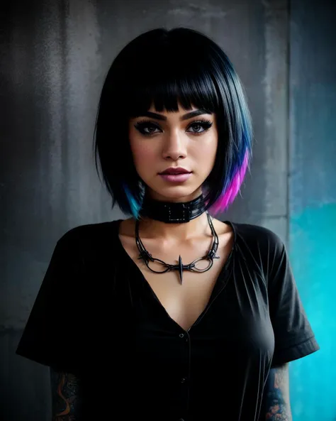 Fawnie SG, (meticulously detailed:1.3) RAW photo of 1girl as a goth kid wearing (heavy emo makeup), (close-up headshot:1.3), focus face, (sinful smile), punk rock hair cut, multi-colored hair, emo 4 life, goth girlz rule, nightclub background, (looking at viewer), (neon lighting:1.2), detailed skin, perfecteyes eyes, (masterpiece, best quality:1.5), Wanna be creepy and sad with me?,