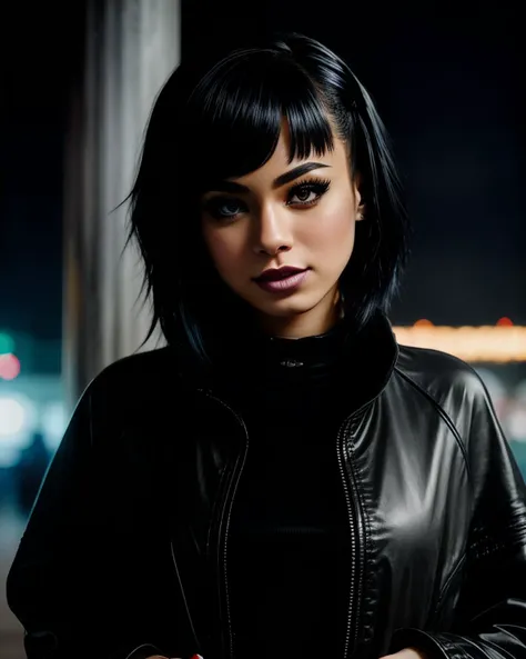 arafed woman in black leather jacket standing in front of a window