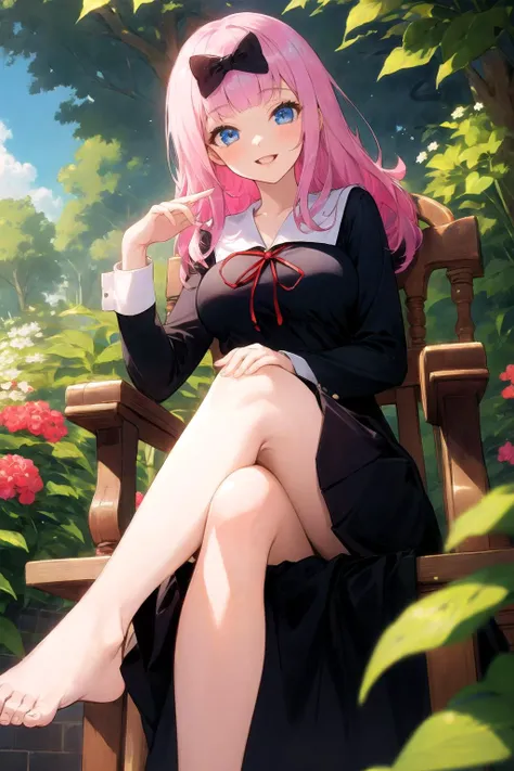 thick thighs, parted lips, blue eyes, smile, happy, <lora:fujiwara_chika-10:0.8>, fujiwara_chika, bow, long hair, blunt bangs, black bow, hair bow, large breasts, dress, school uniform, shuuchiin academy school uniform, ribbon, black dress, collarbone, red ribbon, :d (garden, outdoors),
masterpiece,(best quality),extremely detailed,illustration, solo, vivid color, beautiful, small details, ultra detailed, intricate, beautiful lighting
crossed legs, leg_focus, foot focus, sitting on chair, chair, sitting, looking down, looking at viewer, seductive smile, long legs, femdom, long_legs, 1girl, cowboy shot, (from below), milf, adult, close up,