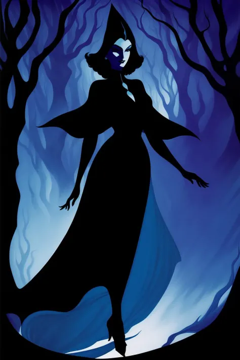 1 woman beautiful black witch Eyvind Earle shadow, dramatic lighting (best quality, masterpiece)