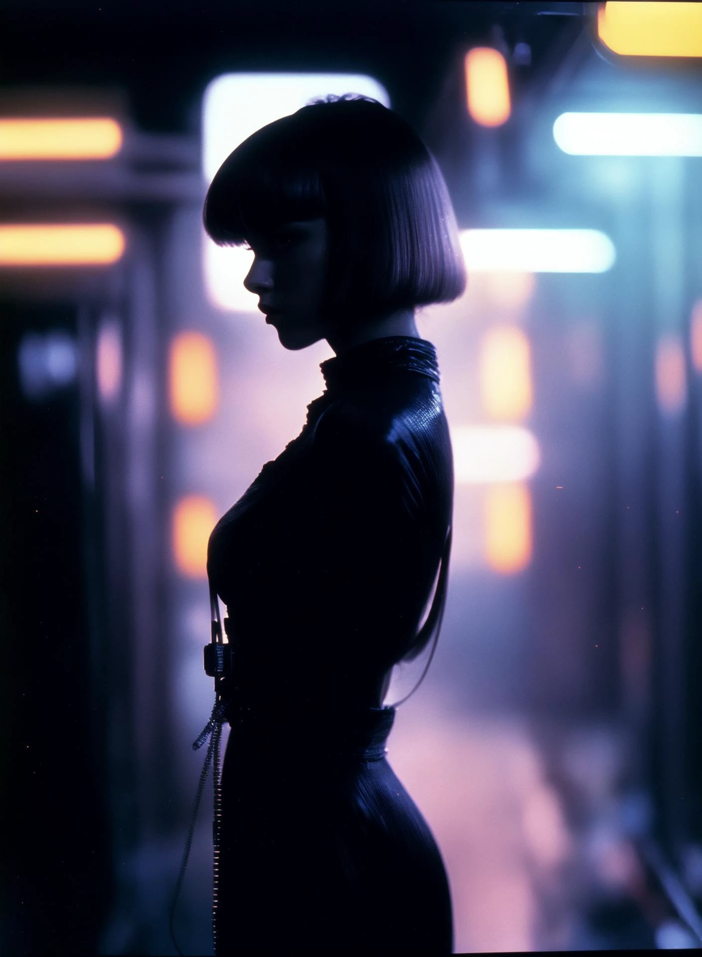 blade runner style, Sharp focus, Analog style, vhs style, 8mm film, chromatic aberration, (1980s style:1.2), film still of woman, bangs hair, black dress, photo by arri, <lora:CyberpunkStyleV1:0.7>, PunkAI,