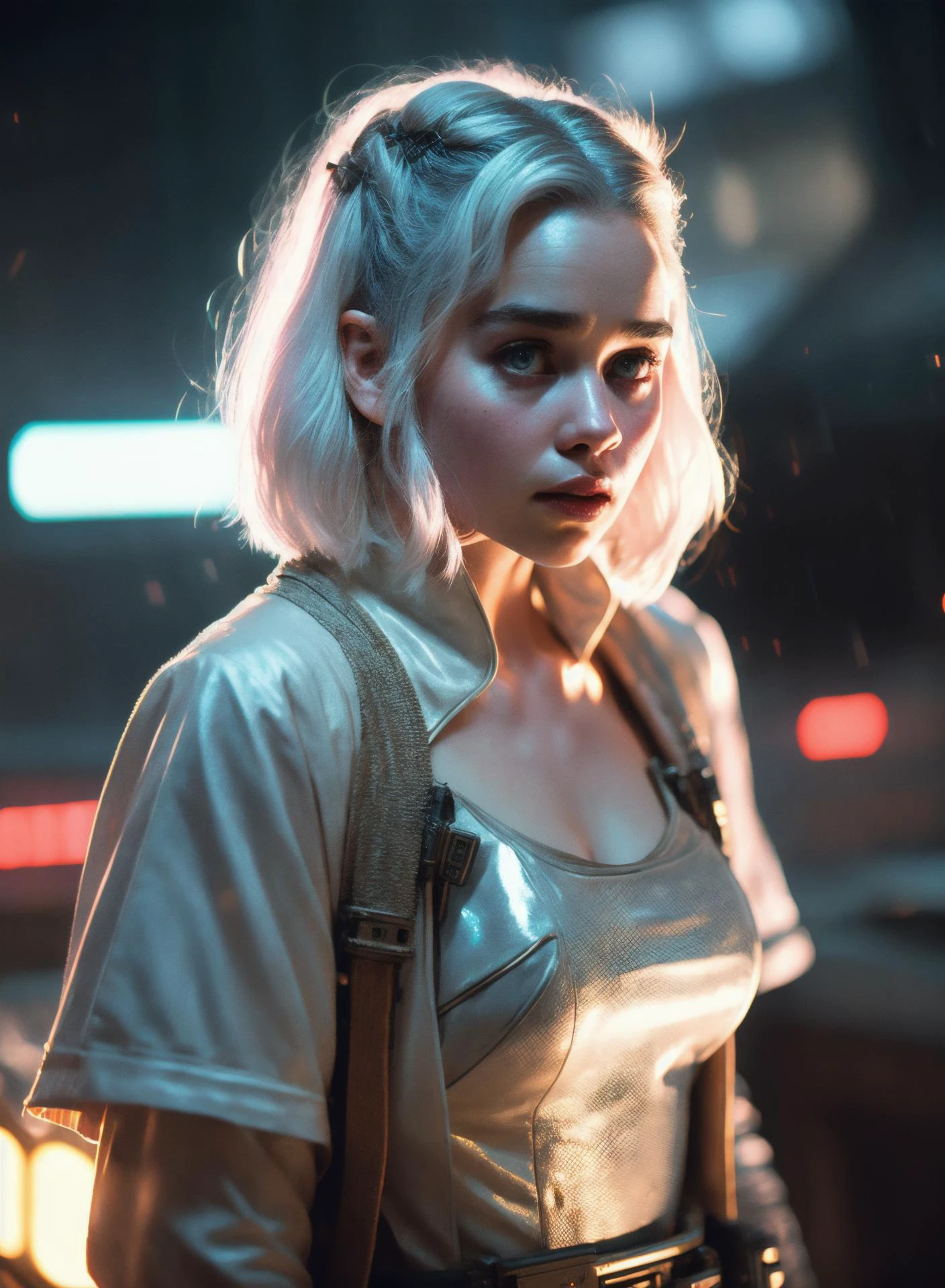 blade runner style, Sharp focus, Analog style, vhs style, 8mm film, chromatic aberration, 1980s style, film still of 25 yo Emilia Clarke , white hair, black dress, photo by arri, <lora:Emilia Clarke:1> <lora:CyberpunkStyleV1:0.7>, PunkAI, <lora:epiCRealLife:0.5>