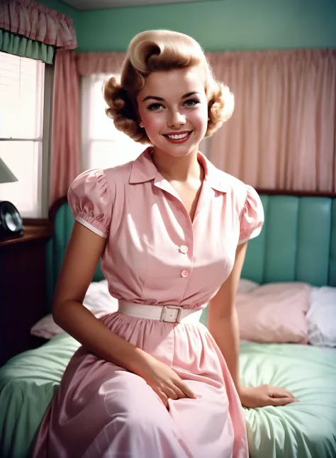 Portrait of a beautiful young housewife, smiling, wearing a pastel pink dress, The picture is taken with an analog camera in the 1950s. People wearing traditional 50s style clothes, people having traditional 50s haircuts, Photo by William Eggleston, 50s look, highly detailed, slightly washed out pastel color, slightly blurred, slightly grainy, film photography