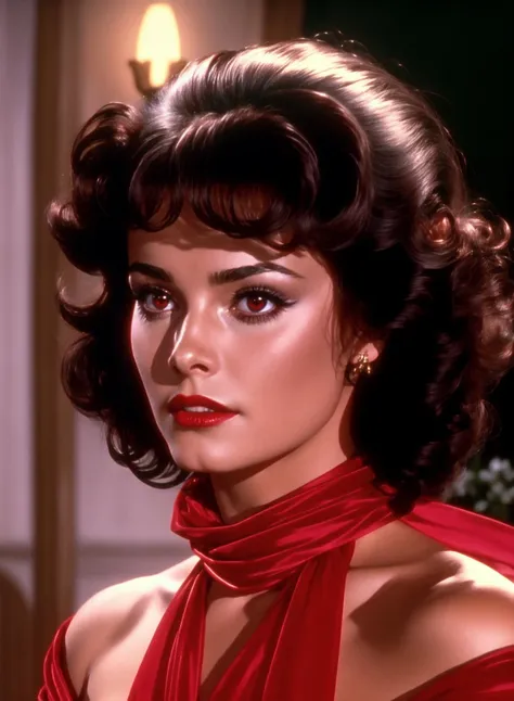 Dvd screenshot of a 1980s actress in a fantasy film with black hair red eyes and a beautiful face, detailed