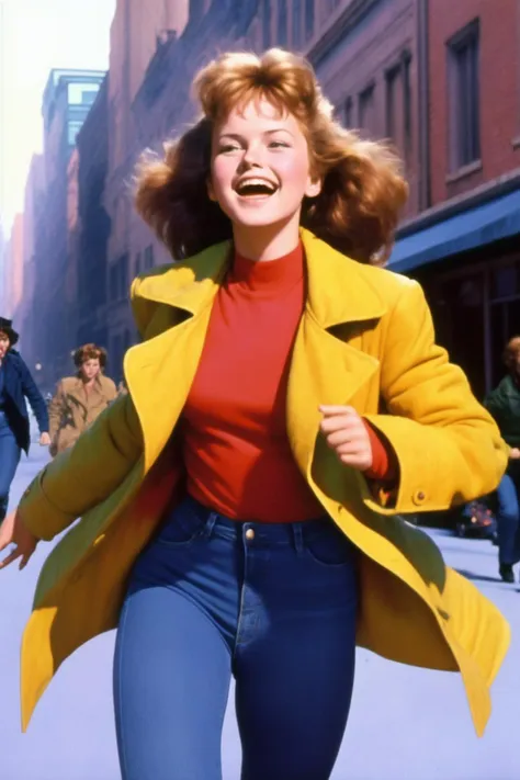 1girl
run
street
((happy))
coat
jeans 
 Drew Struzan
1980  dvd screengrab film grains
( masterpiece,realistic,  photorealistic) (best quality)