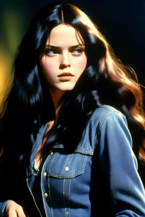 1girl
detailed face
long black hair
happy
coat
jeans 
dramatic lighting
 Drew Struzan
1980  dvd screengrab film grains
( masterpiece,realistic,  photorealistic) (best quality)