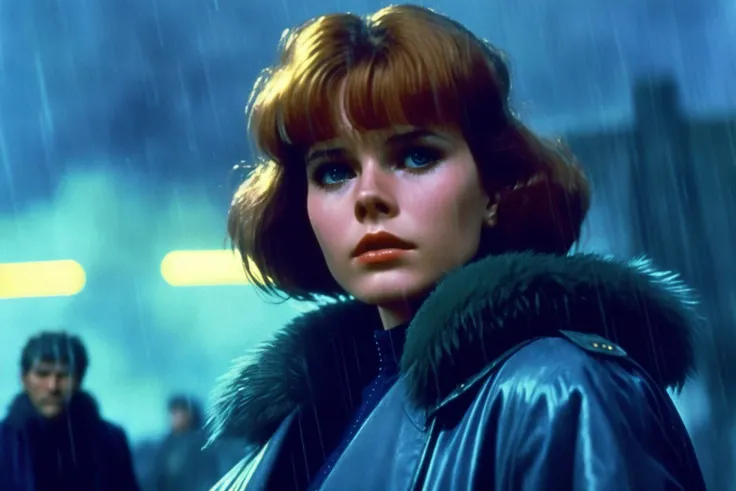 cinematic shot of 1girl
detailed face
sad
coat
dress
blade runner 
rain
1984  dvd screengrab film grains
( masterpiece,realistic,  photorealistic) (best quality)