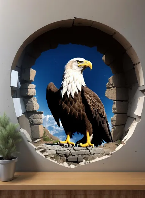 Eagle in hole wall sticker, in the style of realist: lifelike accuracy, angura kei, photo, post - internet art, frayed, bleaches, hyper - realistic representation