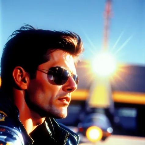 Tom cruise, pilot, sun glasses,  shadow, detailed, damaged, metal, 
 top gun
, dramatic lighting, 
Analog style, vhs style,chromatic aberration, 1980s style
 Julian Falat
